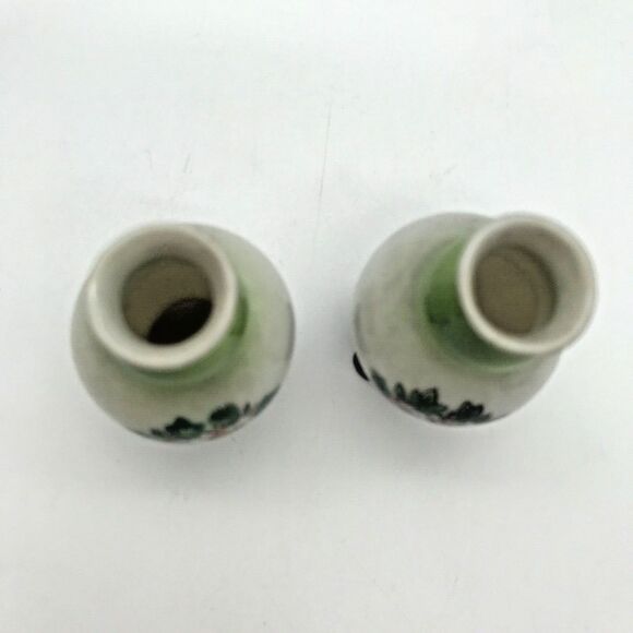 Pair Vintage Vase H KATO Miniature Footed Green Floral Occupied Japan Signed - Picture 7 of 9